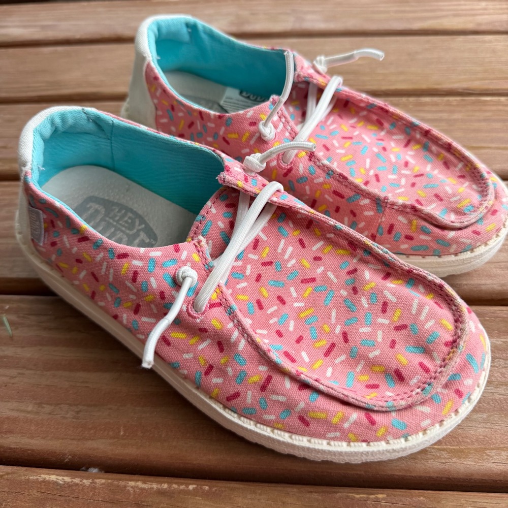 Hey Dude Wendy Youth Birthday Pink Sprinkle Slip On Loafers Shoes Size Y2 W3